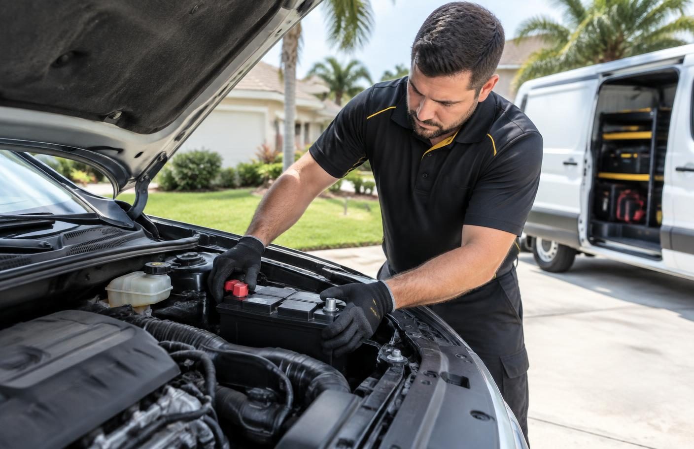 Technician installing a replacement battery in a parked car