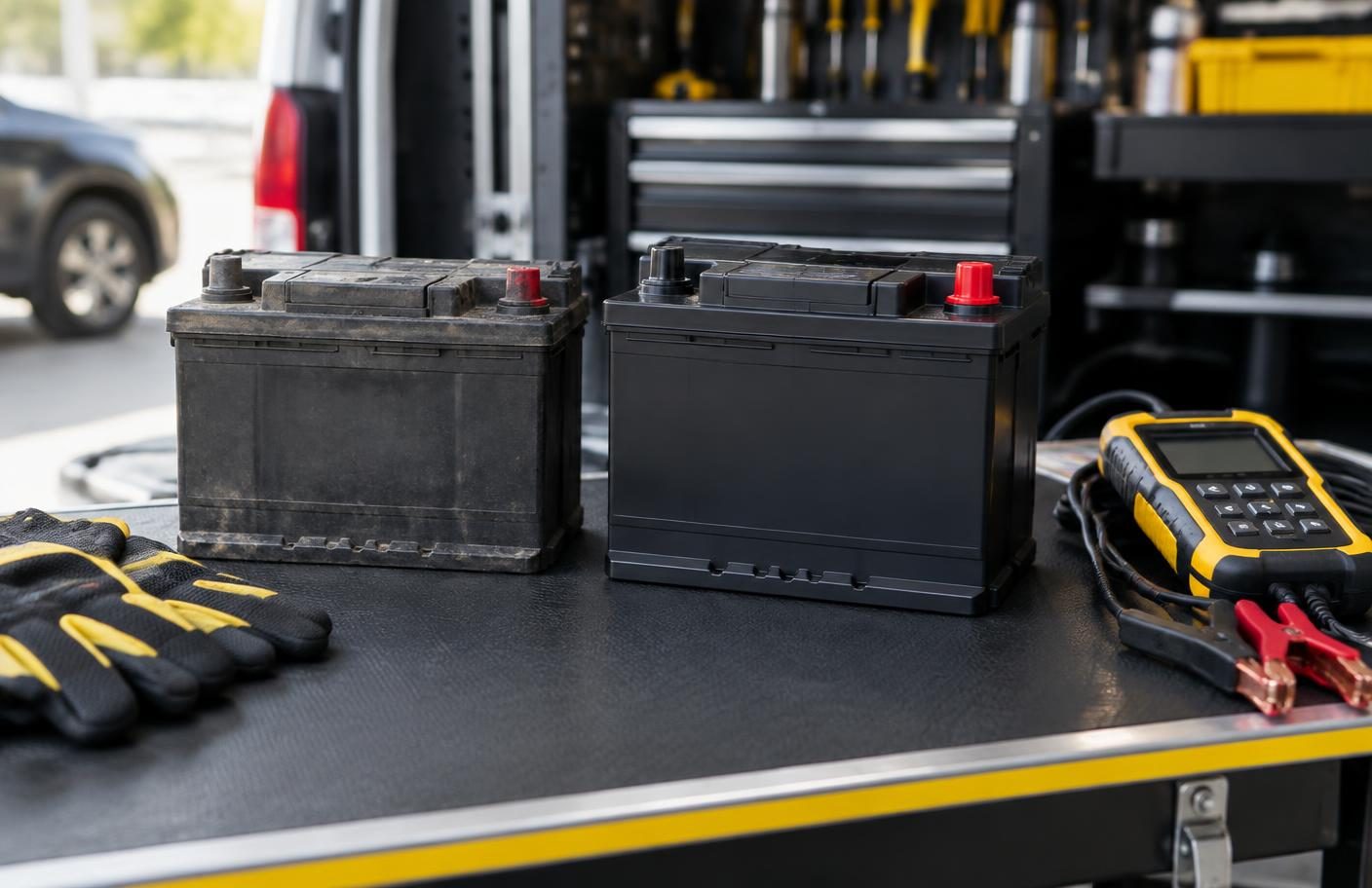 Old and new car batteries with professional testing equipment