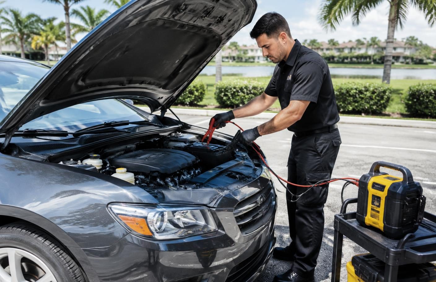 Technician using professional equipment to jump-start a car