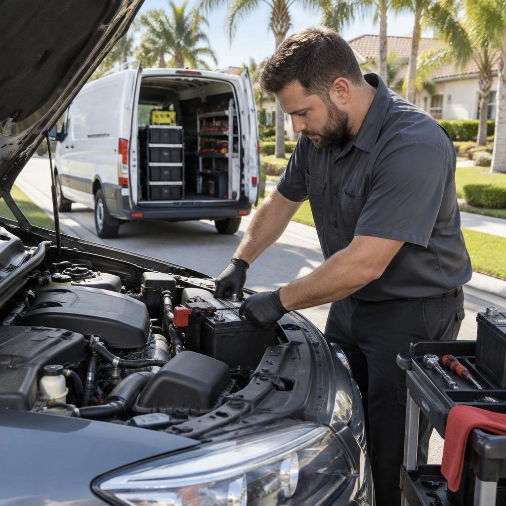 Mobile battery technician installing a battery beside a service vehicle