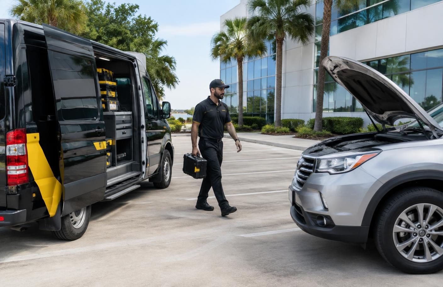 Mobile battery technician arriving at a vehicle in Gulf Coast sunshine